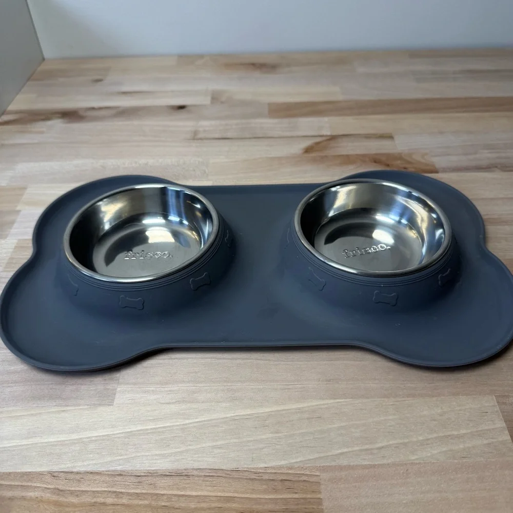 Frisco Double Stainless Steel Dog Bowl Set with Grey Silicone Mat